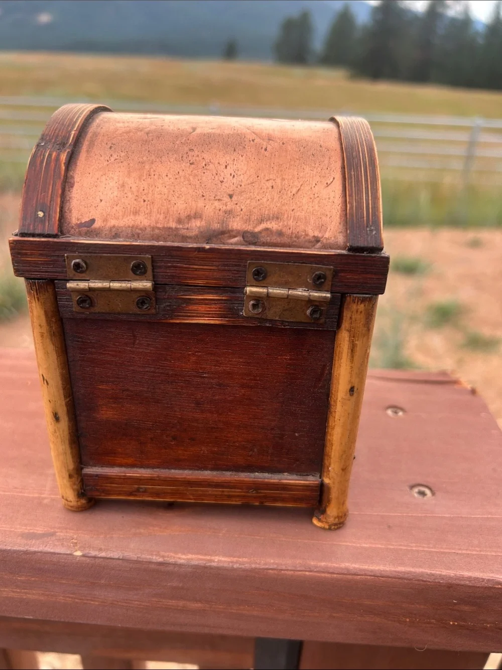 Vintage Bamboo Wood Trinket Box with Copper and Silver-Tone Accents.